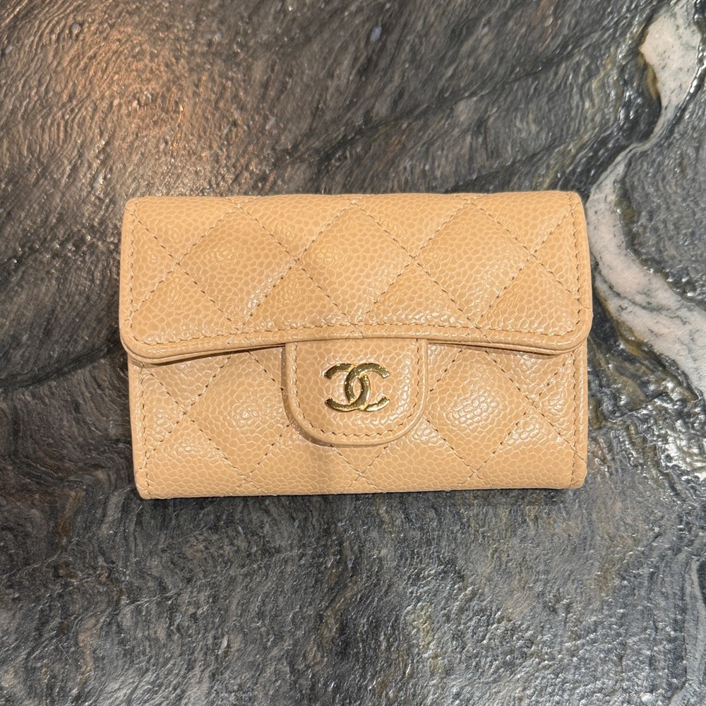 CHANEL Beige Quilted Wallet/ Card Holder
